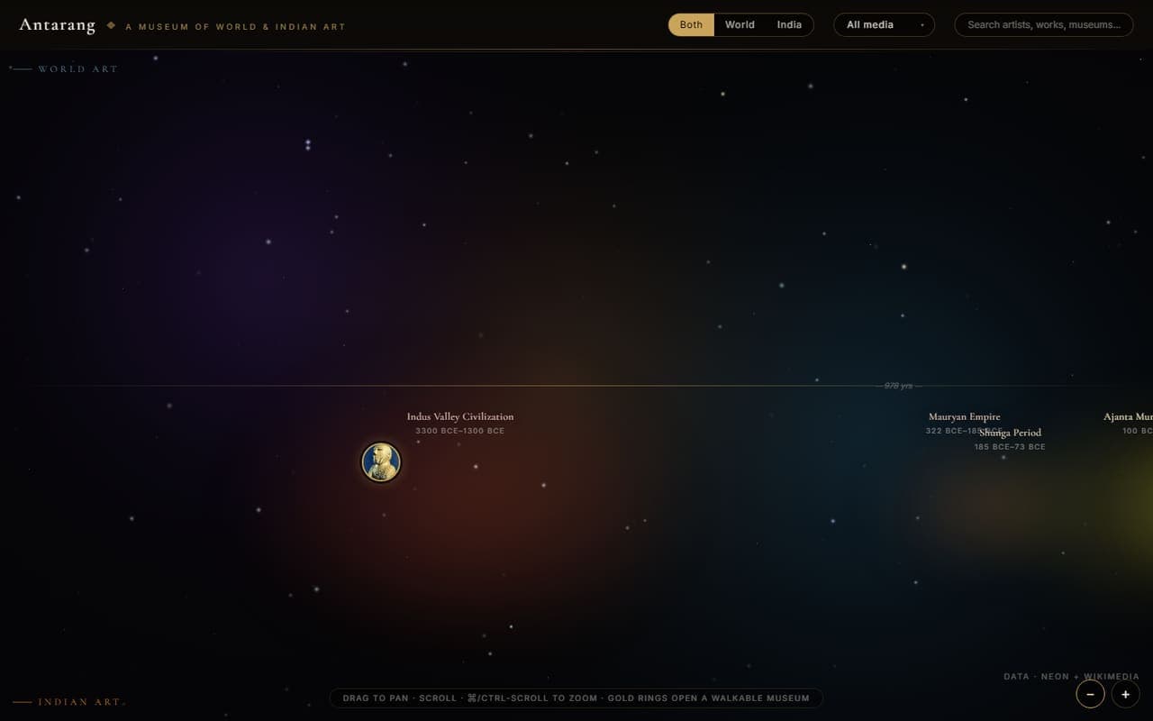 ANTARANG's real dual-axis timeline UI — World Art and Indian Art, gold rings opening a walkable gallery