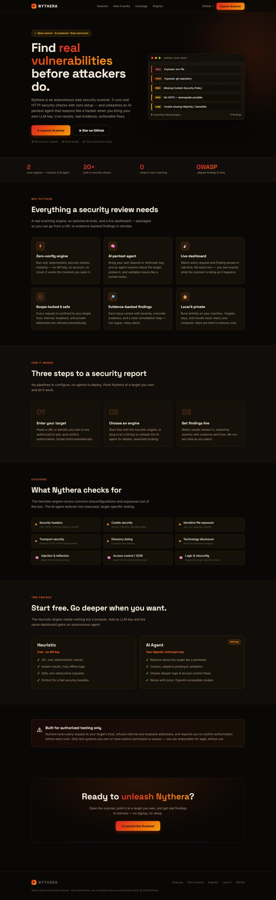 Nythera's real landing page, full length — live scan-report mock showing a critical exposed .env finding
