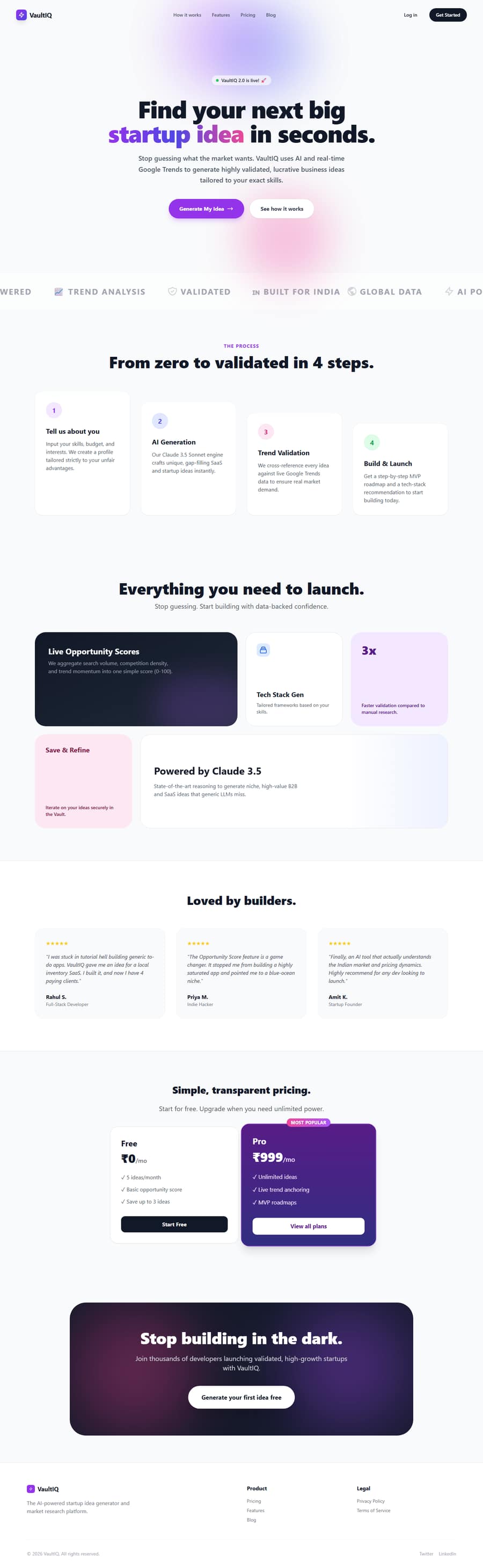 VaultIQ's real landing page, full length — 'Find your next big startup idea in seconds.'